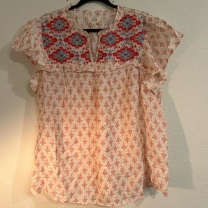 Women’s Light Peach Floral, Aztec Embroidered Ruffle Top